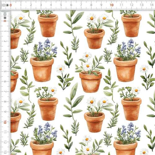 Tecido Tricoline Digital Vasos Ervas Jardim 9100E16167