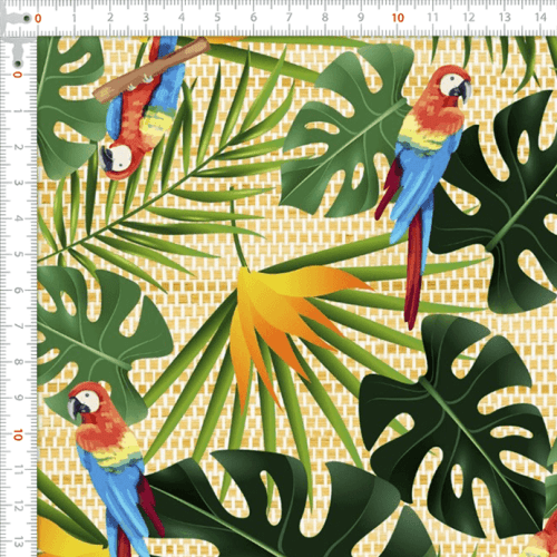 Tecido Tricoline Estampado Digital Araras Tropicais e Folhagens 9007E152