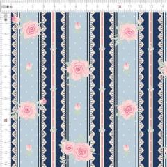 Tecido Tricoline Estampado Digital Barrado Floral Azul Claro e Marinho 9100e5679