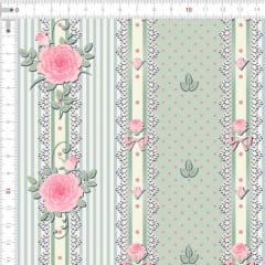 Tecido Tricoline Estampado Digital Barrado Floral Listrado e Bolinhas Verde e Rosa e Azul  9100e5623