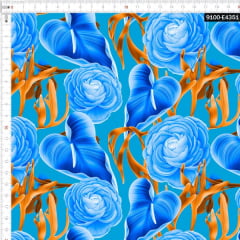 Tecido Tricoline Estampado Digital Floral Antúrio Azul 9100e4351