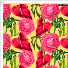 Tecido Tricoline Estampado Digital floral Antúrio e Rosa Amarelo 9100e4350