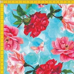 Tecido Tricoline Estampado Digital  Floral Borboletas e Fundo Azul 9100E013