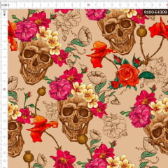 Tecido Tricoline Estampado Digital Floral com Espinhos e Caveiras Bege 9100e4309