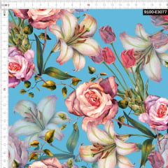 Tecido Tricoline Estampado Digital Floral Delicado Fundo Azul Claro 9100e3077