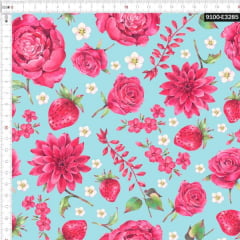 Tecido Tricoline Estampado Digital Floral e Morangos 9100e3285