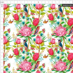 Tecido Tricoline Estampado Digital Floral e Ramos e Beija-flor Branco 9100e4353