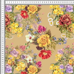 Tecido Tricoline Estampado Digital Floral Buquês de Aquarela Fundo Bege 9100e5613