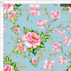 Tecido Tricoline Estampado Digital Floral Rosa claro e Ramos Azul Bebê 9100e4361