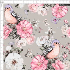 Tecido Tricoline Estampado Digital  Floral Rosa e Branco e Aves Lilás 9100e4316