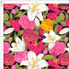 Tecido Tricoline Estampado Digital Floral Rosa e Branco Preto 9100e3464