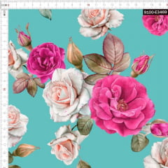 Tecido Tricoline Estampado Digital Floral Rosa Fundo Tiffany 9100e3469