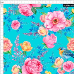 Tecido Tricoline Estampado Digital Floral Rosa e Pássaros 9100e4344
