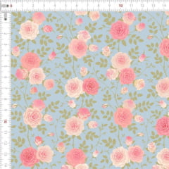 Tecido Tricoline Estampado Digital Floral Rosa Ramificado Azul Bebê 9100e5673