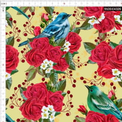 Tecido Tricoline Estampado Digital  Floral Rosas e Aves Amarelo 9100e4326