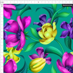 Tecido Tricoline Estampado Digital Floral Roxo Amarelo Verde 9100e4341