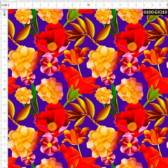 Tecido Tricoline Estampado Digital Floral Tropical Azul 9100e4319