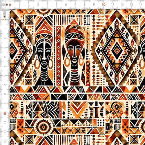 Tecido Tricoline Estampado Digital Geométrico Africano em Tons Terrosos 9016E046