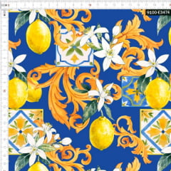 Tecido Tricoline Estampado Digital Limão Siciliano Arabesco Fundo Azul 9100e3474