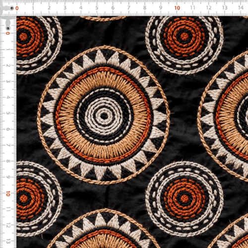 Tecido Tricoline Estampado Digital Mandalas Étnicas Bordadas 9016E044