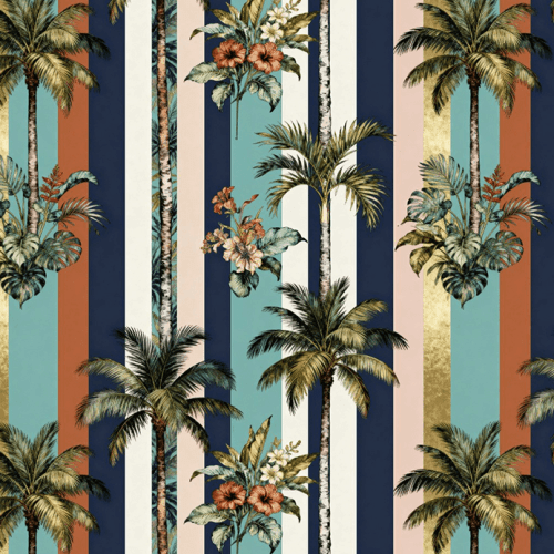 Tecido Tricoline Estampado Digital Palmeiras Tropicais com Listras 9007E169 Tecido Tricoline Estampado Digital Palmeiras Tropicais com Listras 9007E169