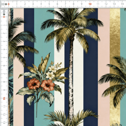 Tecido Tricoline Estampado Digital Palmeiras Tropicais com Listras 9007E169