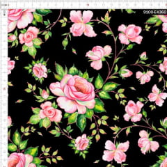 Tecido Tricoline Estampado Digital Rosa Elegantes Ramificada Preto 9100e4360