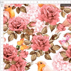Tecido Tricoline Estampado Digital Rosas e Pássaros Rose 9100e4342