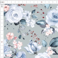 Tecido Tricoline Estampado Digital Flores e Folhas da Primavera Azul 9100e5615