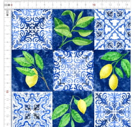 Tecido Tricoline Digital Arabesco com Limões Sicilianos Fundo Azul  9100e7787