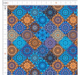 Tecido Tricoline Digital Mandalas Tons Azul e Laranja 9100e7888