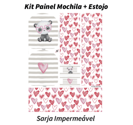 Sarja Impermeável Painel Mochila + Estojo Bebê Panda Corações 9100e9518