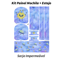 Sarja Impermeável Painel Mochila + Estojo Monstrinho Galático Azul Espacial Claro 9100e9522