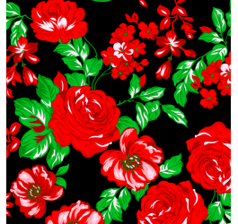 Tecido Chitão Estampado Flores Vermelhas com Folhas Fundo Preto 3017v01