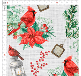Tecido Tricoline Digital Pássaros e Flores de Natal Fundo Textura Claro 9100e9716
