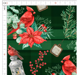 Tecido Tricoline Digital Pássaros e Flores de Natal Fundo Xadrez Verde 9100e9743
