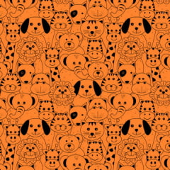 Tecido Tricoline Estampado Animais Africanos Fundo Laranja 18174v02