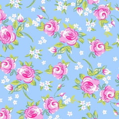 Tecido Tricoline Estampado Floral Rosa Fundo Azul Bebê 14400