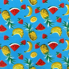 Tecido Tricoline Mista Estampado Mix de Frutas 4 Fundo Azul 180727