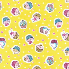 Tecido Tricoline Estampado Cupcake Fundo Amarelo 180729