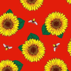 Tecido Tricoline Mista Girassol Abelhas Fundo Vermelho 18412v03
