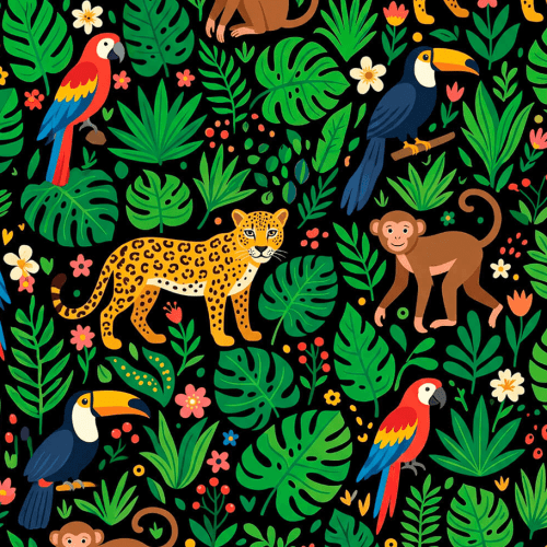 Tecido Tricoline Estampado Animais da Selva Tropical Fundo Preto 9050V531 Tecido Tricoline Estampado Animais da Selva Tropical Fundo Preto 9050V531