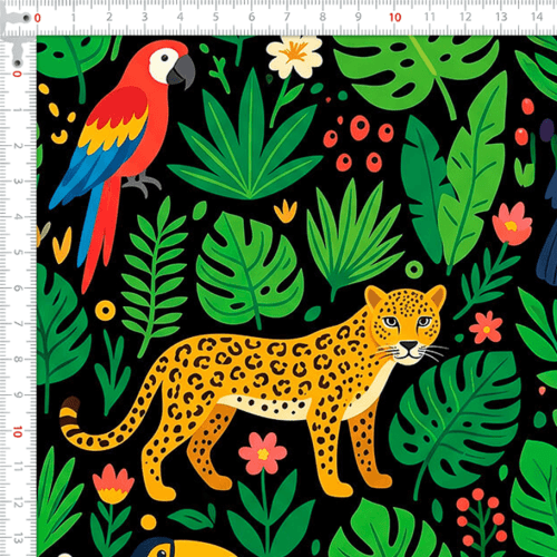 Tecido Tricoline Estampado Animais da Selva Tropical Fundo Preto 9050V531