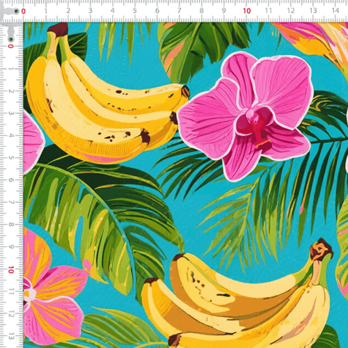 Tecido Tricoline Estampado Bananas e Orquídeas Rosas 9050V513