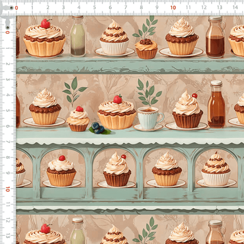 Tecido Tricoline Estampado de Cupcakes e Doces Vintage 9050V516