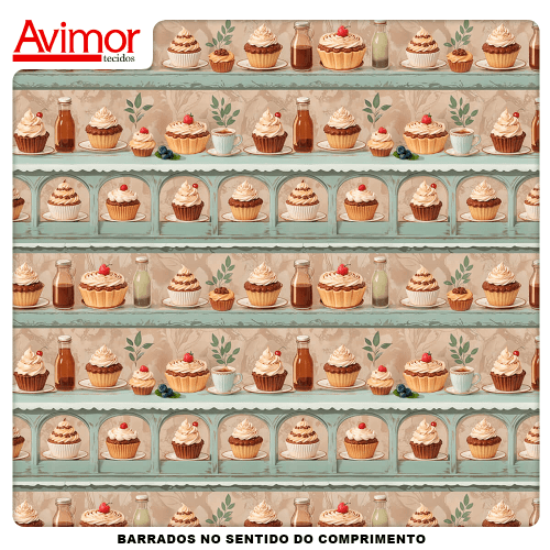 Tecido Tricoline Estampado de Cupcakes e Doces Vintage 9050V516