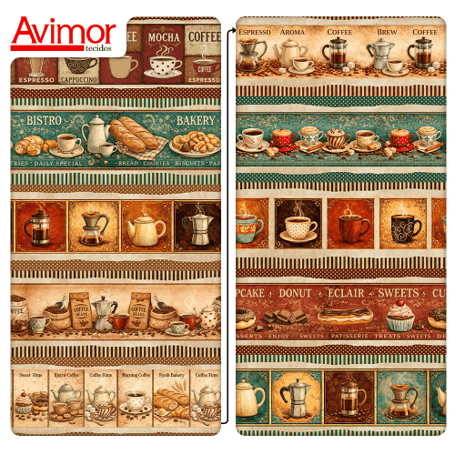 Tecido Tricoline Estampado Barrados de Café e Padaria Vintage 9050V528 Tecido Tricoline Estampado Barrados de Café e Padaria Vintage 9050V528
