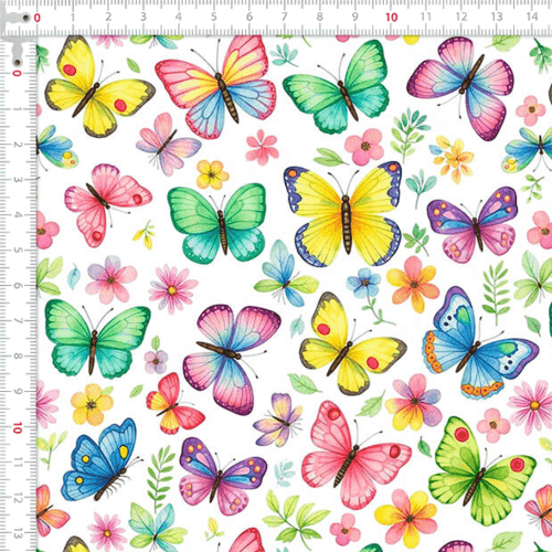 Tecido Tricoline Estampado Borboletas Coloridas e Flores 9050V535