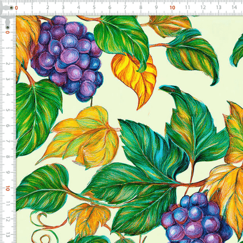 Tecido Tricoline Estampado Cachos de Uvas e Folhagens 9050V515
