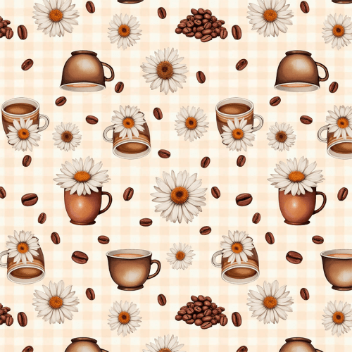 Tecido Tricoline Estampado Café e Margaridas Xadrez Bege 9050V527 Tecido Tricoline Estampado Café e Margaridas Xadrez Bege 9050V527